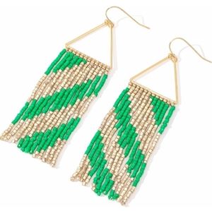 Long Triangle Beaded Fringe Earrings Emerald Green Gold Diagonal Geometric New